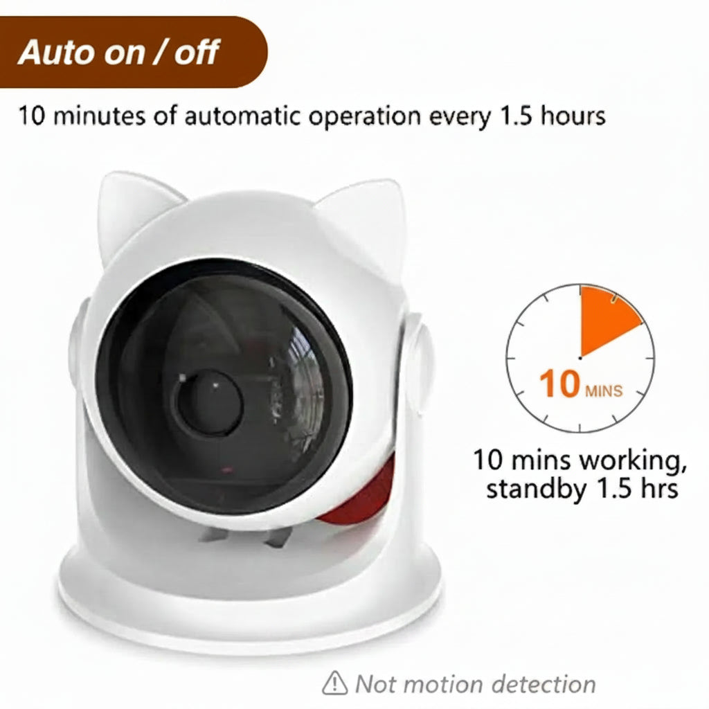 Diagram showing PawBeam automatic laser toy timer cycle of 10 minutes active and 1.5 hours standby