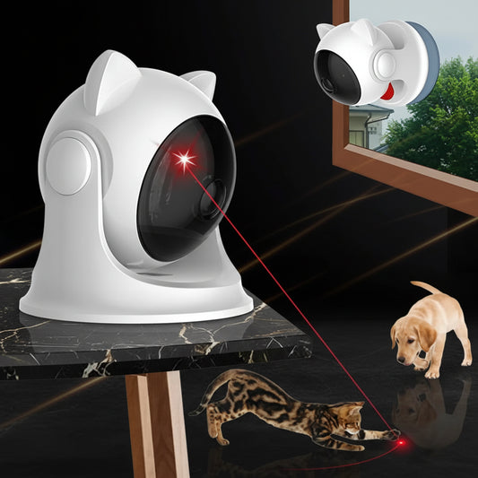 PawBeam automatic laser toy mounted on window glass with suction cup, red laser projected downward to cat