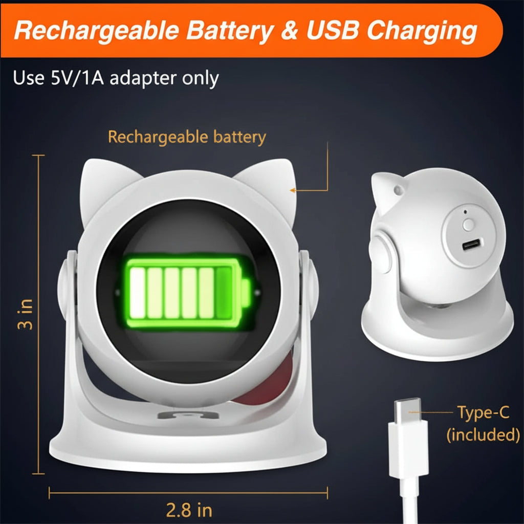PawBeam laser cat toy showing USB-C charging port on rear and battery indicator display on front lens