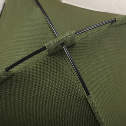  Close-up of the flexible steel cross-pole rods threaded through the canvas sleeve channels of the PawCamp™ tent