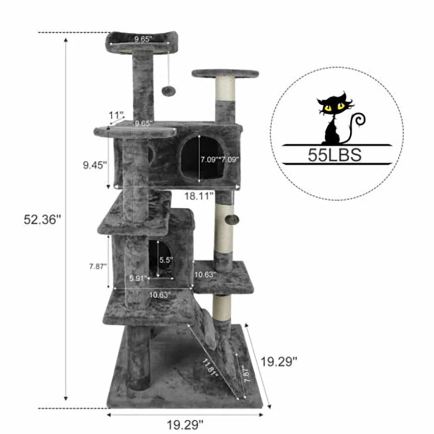 Dimensions diagram for PawCastle multi-level cat tree showing 133cm height, base footprint and condo measurements