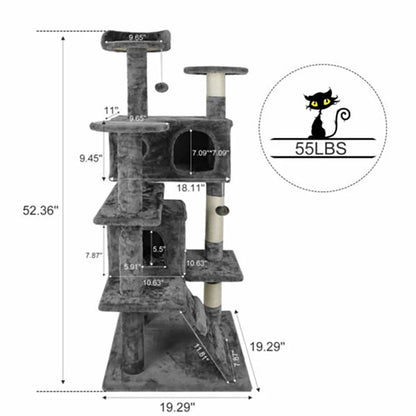 Dimensions diagram for PawCastle multi-level cat tree showing 133cm height, base footprint and condo measurements
