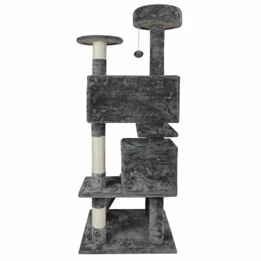 PawCastle cat tree with callout circles highlighting top perch, upper condo, lower condo and base level features