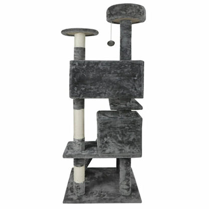 PawCastle cat tree with callout circles highlighting top perch, upper condo, lower condo and base level features