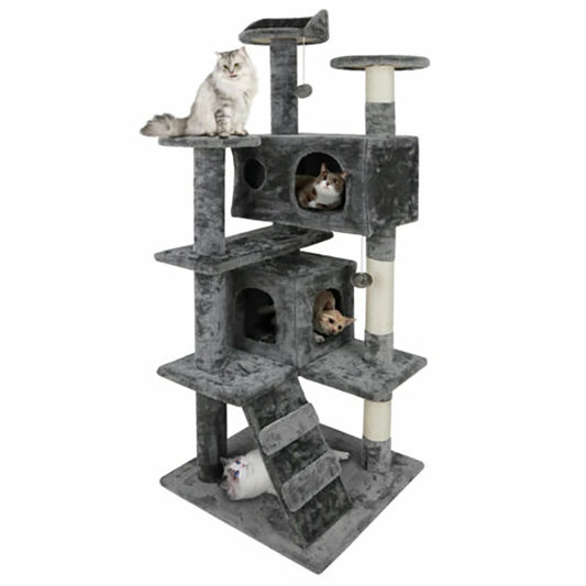 Side profile view of PawCastle multi-level grey cat tree showing stepped platform layout and two condos