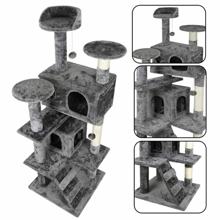 Close-up view of the upper and lower enclosed condos on the PawCastle multi-level cat tree, showing opening dimensions