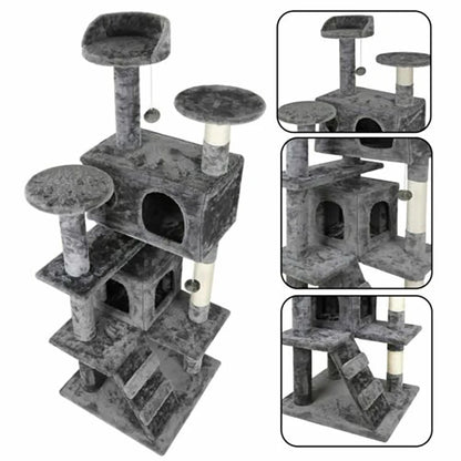Close-up view of the upper and lower enclosed condos on the PawCastle multi-level cat tree, showing opening dimensions
