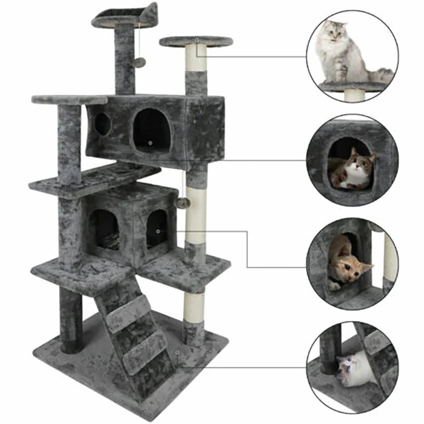  Grey multi-level cat tree with two enclosed condos, sisal scratching posts and angled ladder against a white background