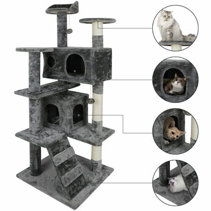 Grey multi-level cat tree with two enclosed condos, sisal scratching posts and angled ladder against a white background