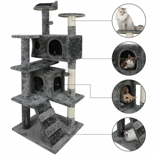  Grey multi-level cat tree with two enclosed condos, sisal scratching posts and angled ladder against a white background