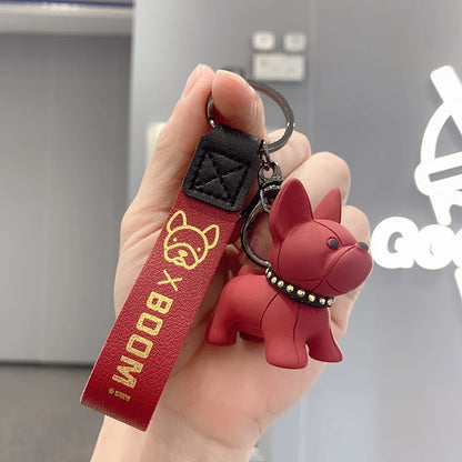 Burgundy PawCharm French Bulldog keychain with PU leather strap, autumn-toned matte finish
