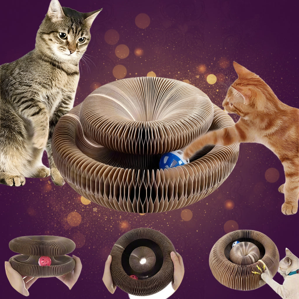 Bengal cat playing with PawCoil™ honeycomb accordion cat toy on wooden floor