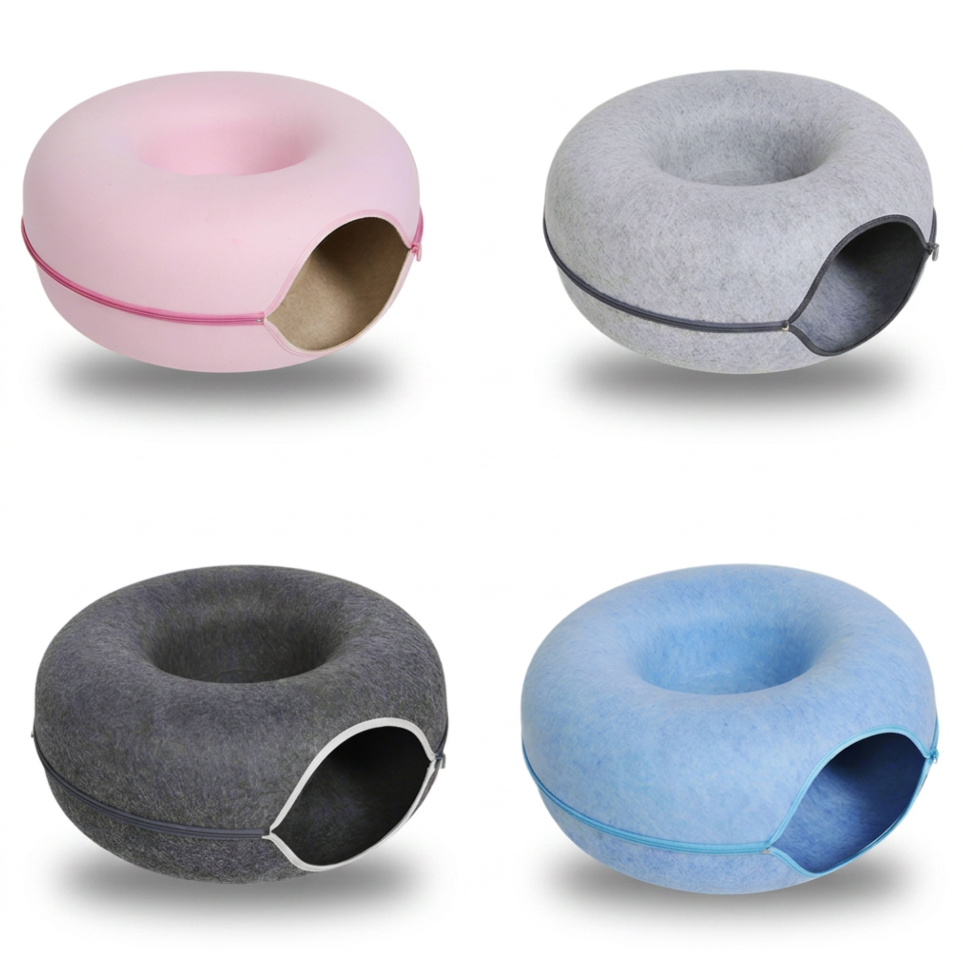 Four PawDen felt cat caves in dark grey, light grey, blue, and pink shown as flat lay comparison