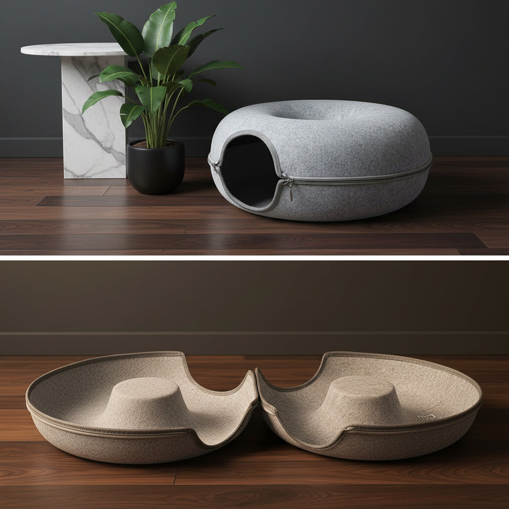 PawDen felt cat cave unzipped into open lounge bowl mode with cat relaxing inside the curved rim