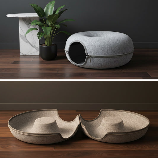 PawDen felt cat cave unzipped into open lounge bowl mode with cat relaxing inside the curved rim