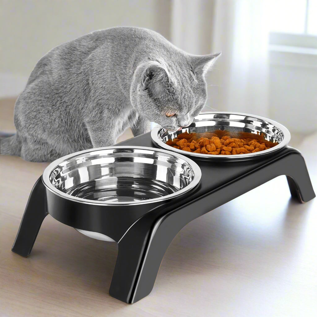 Black elevated pet bowl stand holding two stainless steel bowls on a light grey surface, front-facing view