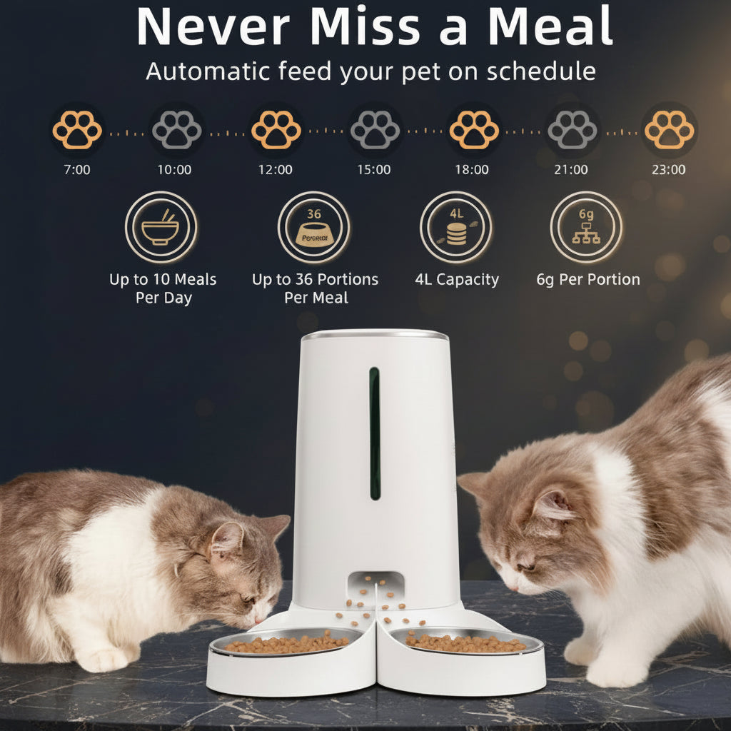  PawFill smart pet feeder in white with dual stainless steel bowls, green food-level indicator strip, clean white background
