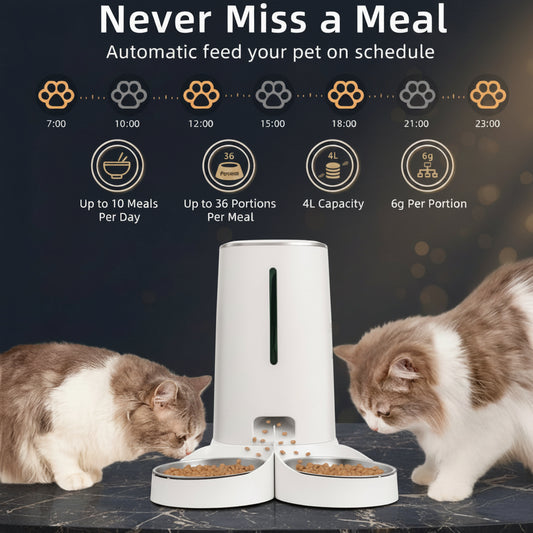  PawFill smart pet feeder in white with dual stainless steel bowls, green food-level indicator strip, clean white background
