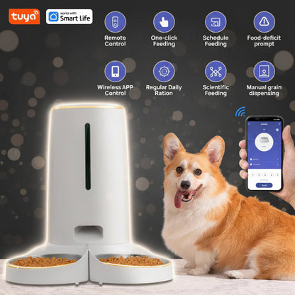 Hand holding phone showing Tuya Smart Life app connected to PawFill smart pet feeder with meal schedule visible