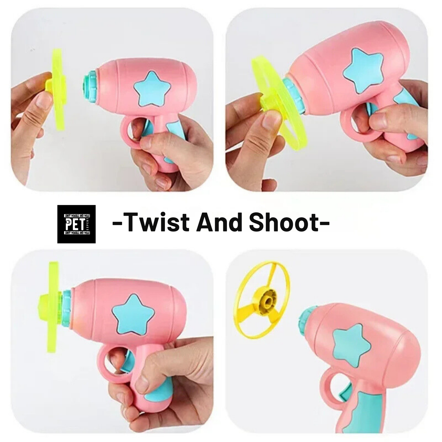 Diagram showing three launch angles for the PawLaunch cat toy launcher — upward, horizontal and downward