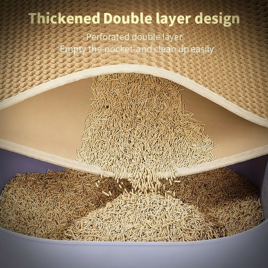 PawMat™ litter mat folded open showing the double layers separating and trapped litter falling back into the litter box below