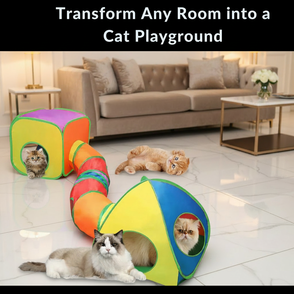  Full PawPlay™ 3-piece rainbow cat tunnel and two pop-up cubes on black background alongside white cat leaping,