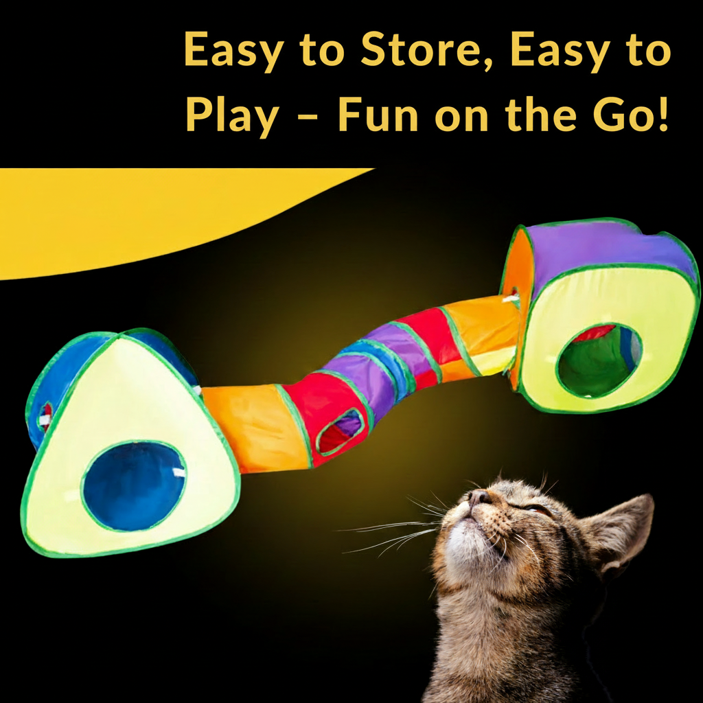 PawPlay™ rainbow tunnel connected between two pop-up cubes in full extended layout on dark background, tabby cat looking up,