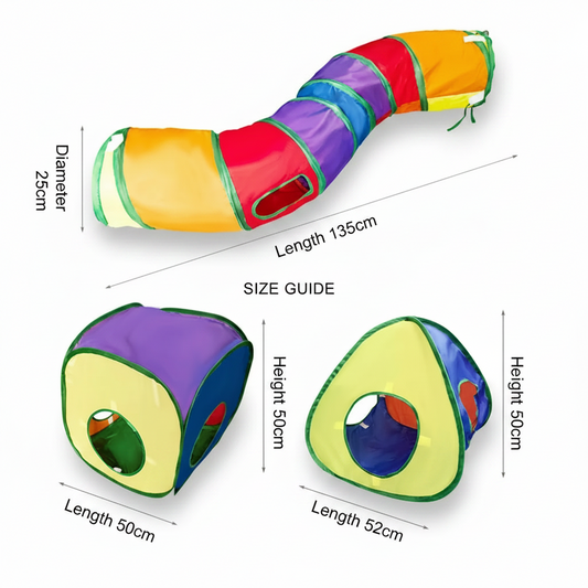 Size guide diagram showing PawPlay™ cat tunnel at 135cm length and 25cm diameter, triangular pop-up cube at 50×50cm, square pop-up cube at 52×52cm,