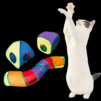 Two kittens playing with PawPlay™ rainbow cat tunnel and pop-up cube set in a furnished living room, full set shown connected in a room setting