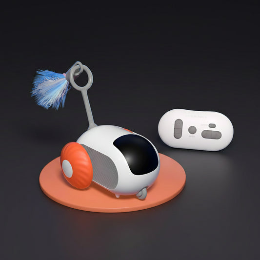 Blue PawRacer remote control cat toy car with feather attachment on white background