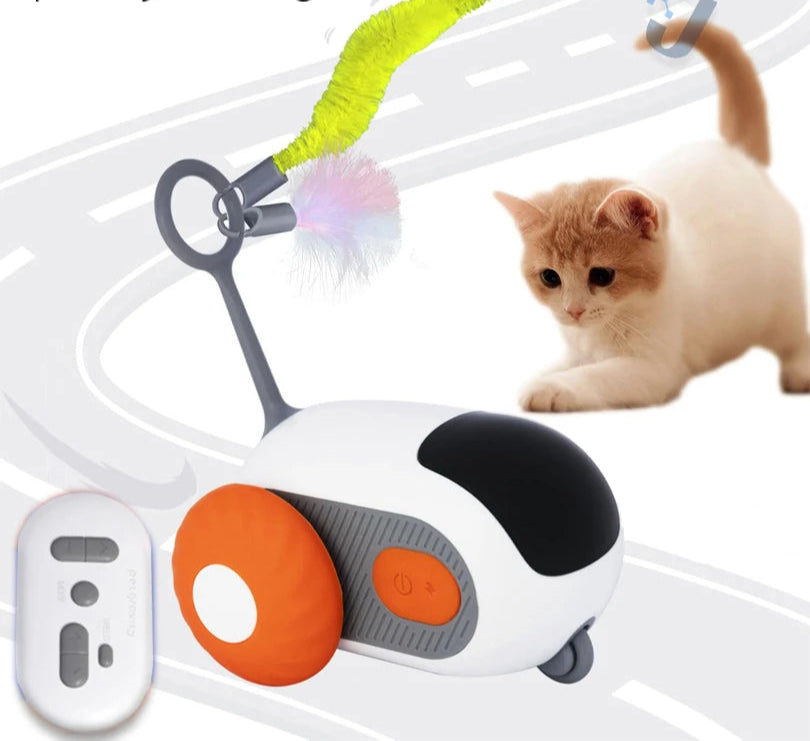 Orange PawRacer remote control cat toy car with feather attachment