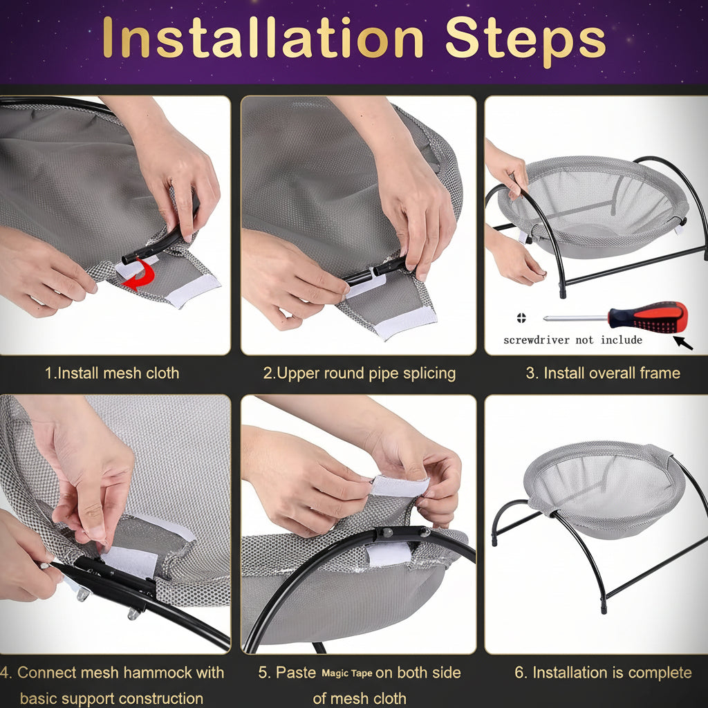 Six-step assembly guide for the PawRest elevated cat hammock bed showing mesh cloth installation, pipe splicing, frame assembly, hammock connection, and velcro attachment