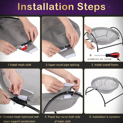 Six-step assembly guide for the PawRest elevated cat hammock bed showing mesh cloth installation, pipe splicing, frame assembly, hammock connection, and velcro attachment