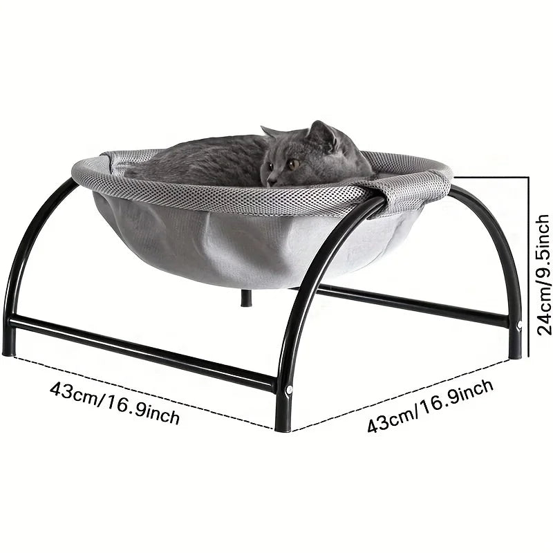  PawRest elevated cat hammock bed dimensions diagram showing 43cm width, 43cm depth, and 24cm height, with a grey cat resting inside