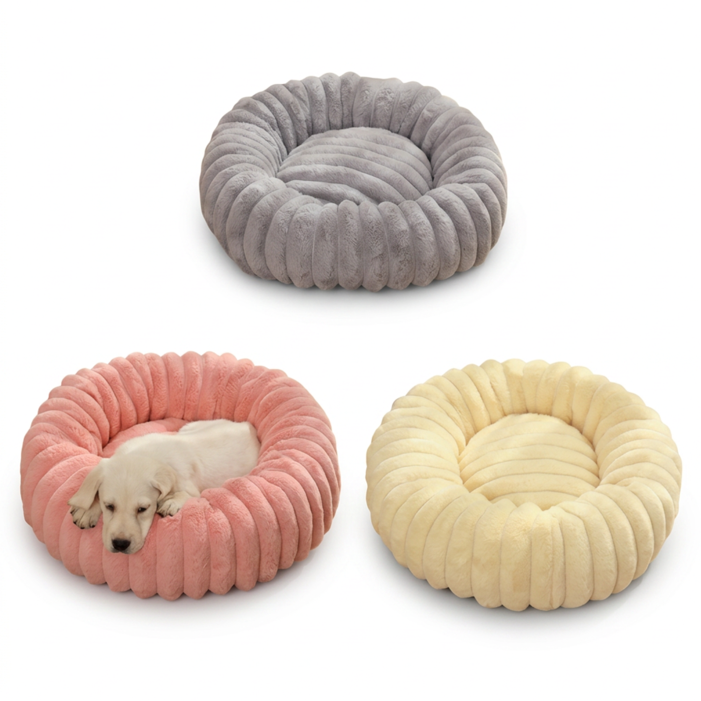 Three ribbed plush round donut pet beds stacked — cream, pink and grey colourways