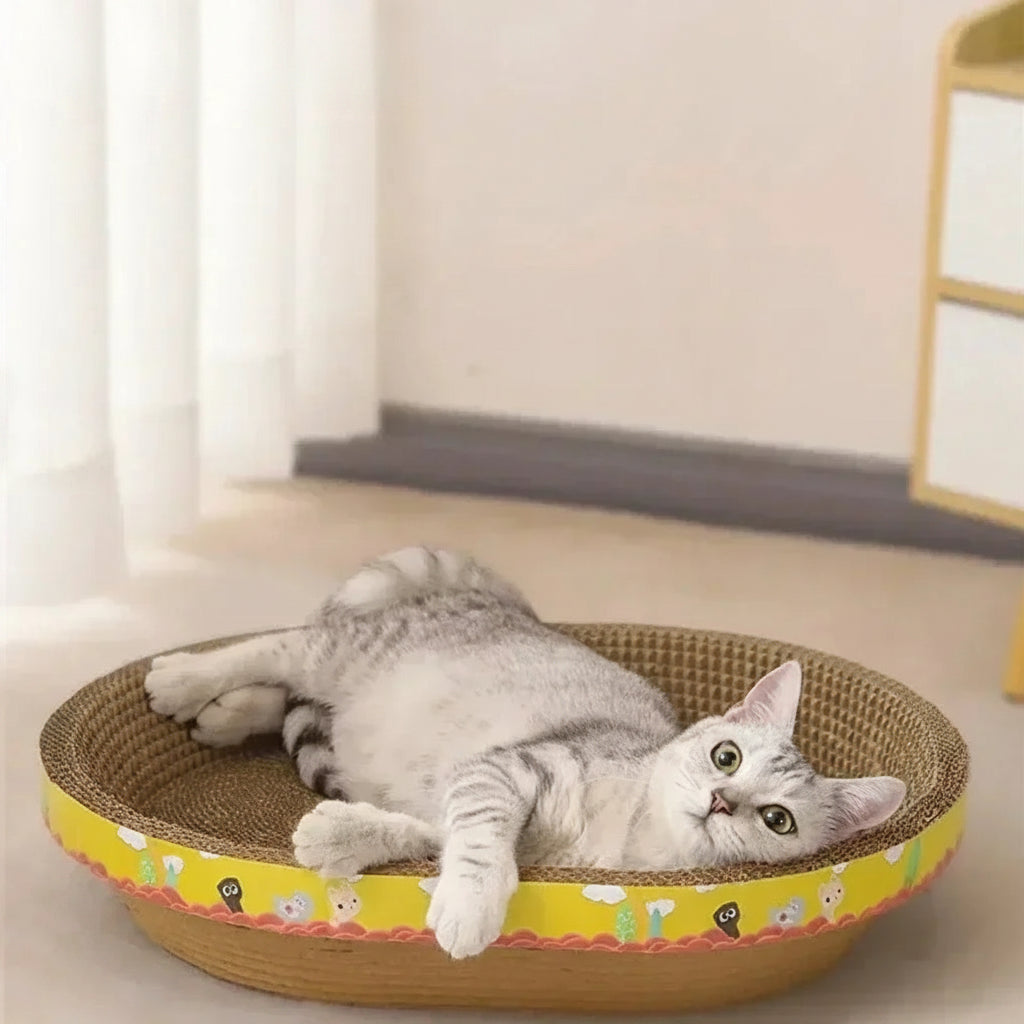  PawScratch™ white mushroom print corrugated cat scratcher in a modern living room setting beside a sofa