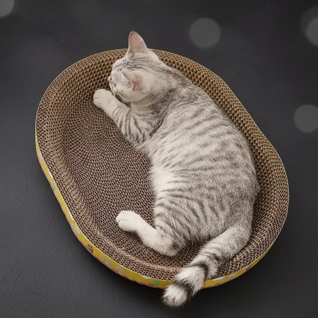 PawScratch™ corrugated cardboard cat scratcher in white with botanical mushroom print — oval bowl shape