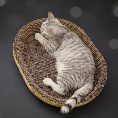 PawScratch™ corrugated cardboard cat scratcher in white with botanical mushroom print — oval bowl shape