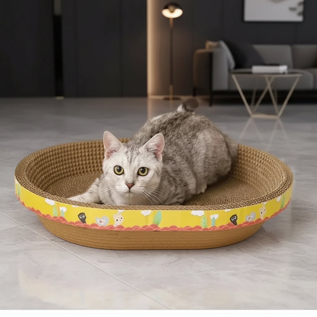 Cat using PawScratch™ corrugated cardboard scratcher pad — yellow style with cartoon animal print trim