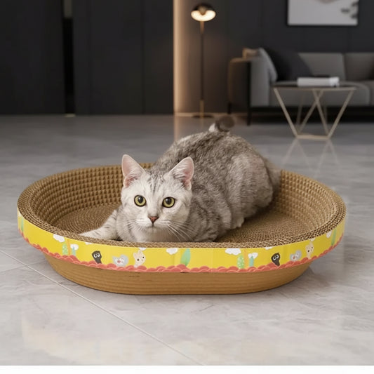 Cat using PawScratch™ corrugated cardboard scratcher pad — yellow style with cartoon animal print trim