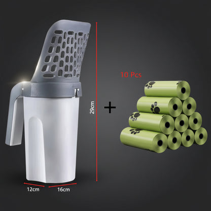 PawSift sifting cat litter scoop with built-in bag holder and ten rolls of paw print poo bags included