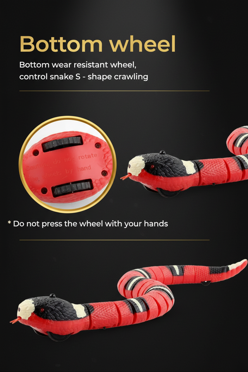  Close-up of PawSnake™ cat toy showing extending forked red tongue and swinging tail during S-shape crawling motion