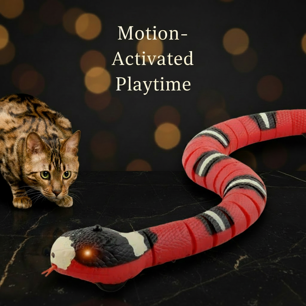 Red and black PawSnake™ cat toy coiled on white surface with micro-USB charging cable alongside, charging spec shown