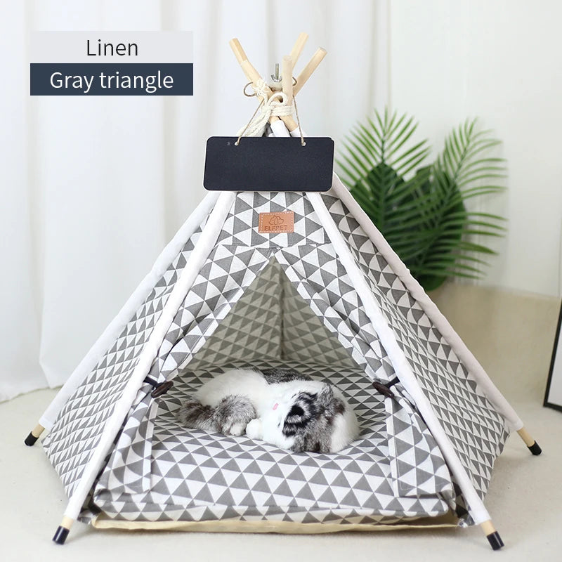 PawTee™ wooden frame pet teepee in grey geometric triangle linen — modern Scandi-style indoor cat tent
