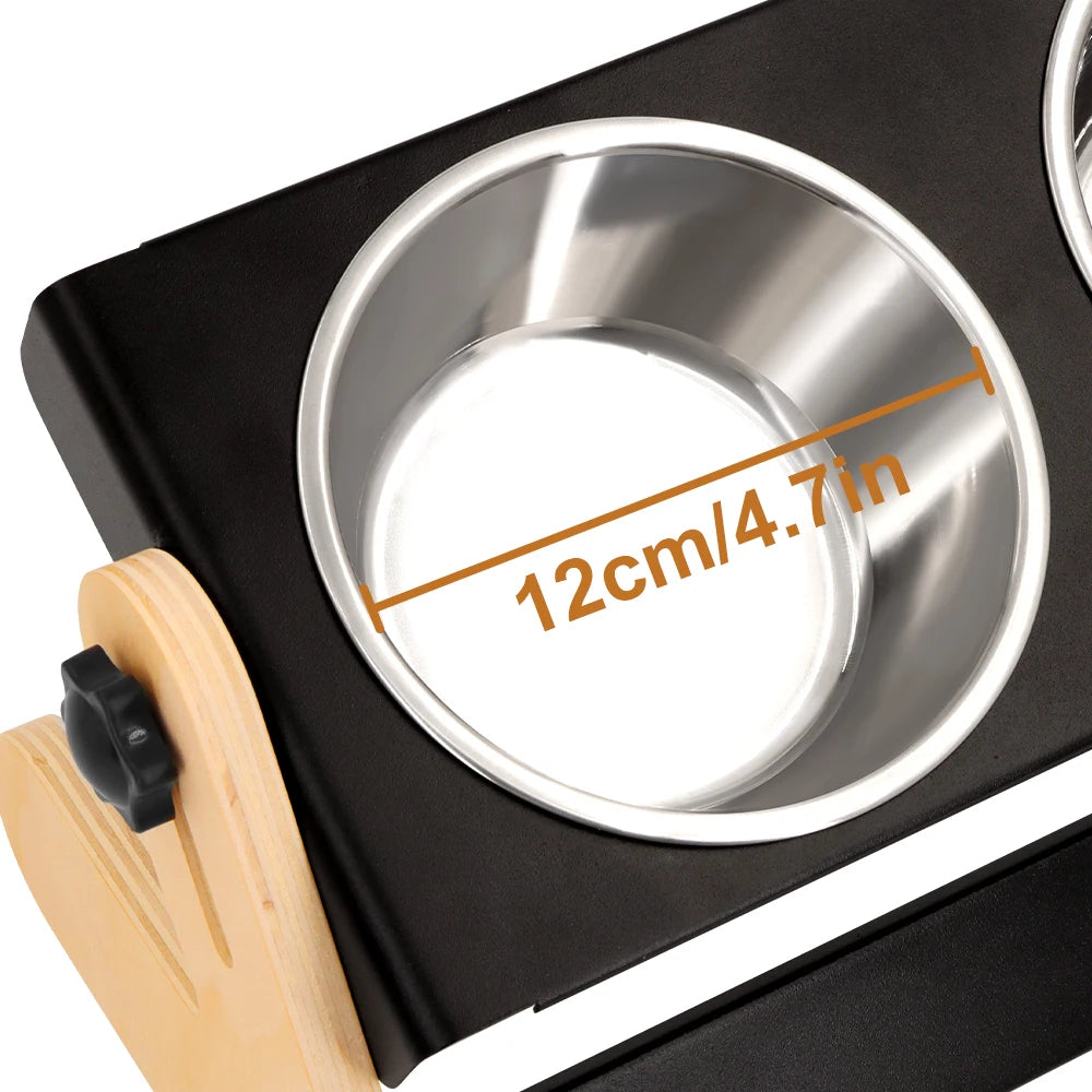 Close-up of a 12cm stainless steel removable bowl in an elevated adjustable pet feeding stand
