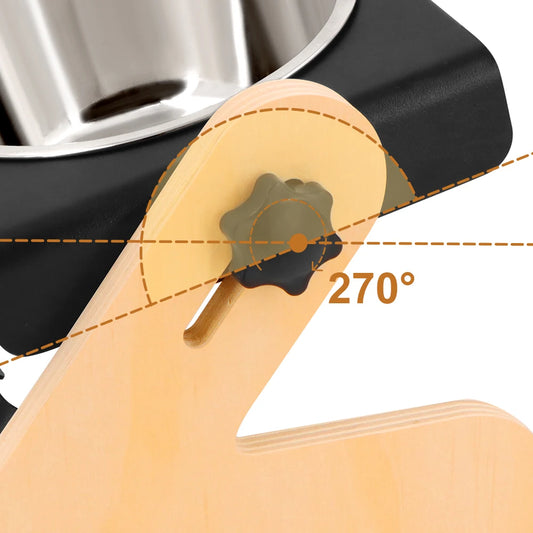 Close-up of 270-degree adjustable tilt mechanism with star knob on beech wood panel of elevated pet bowl
