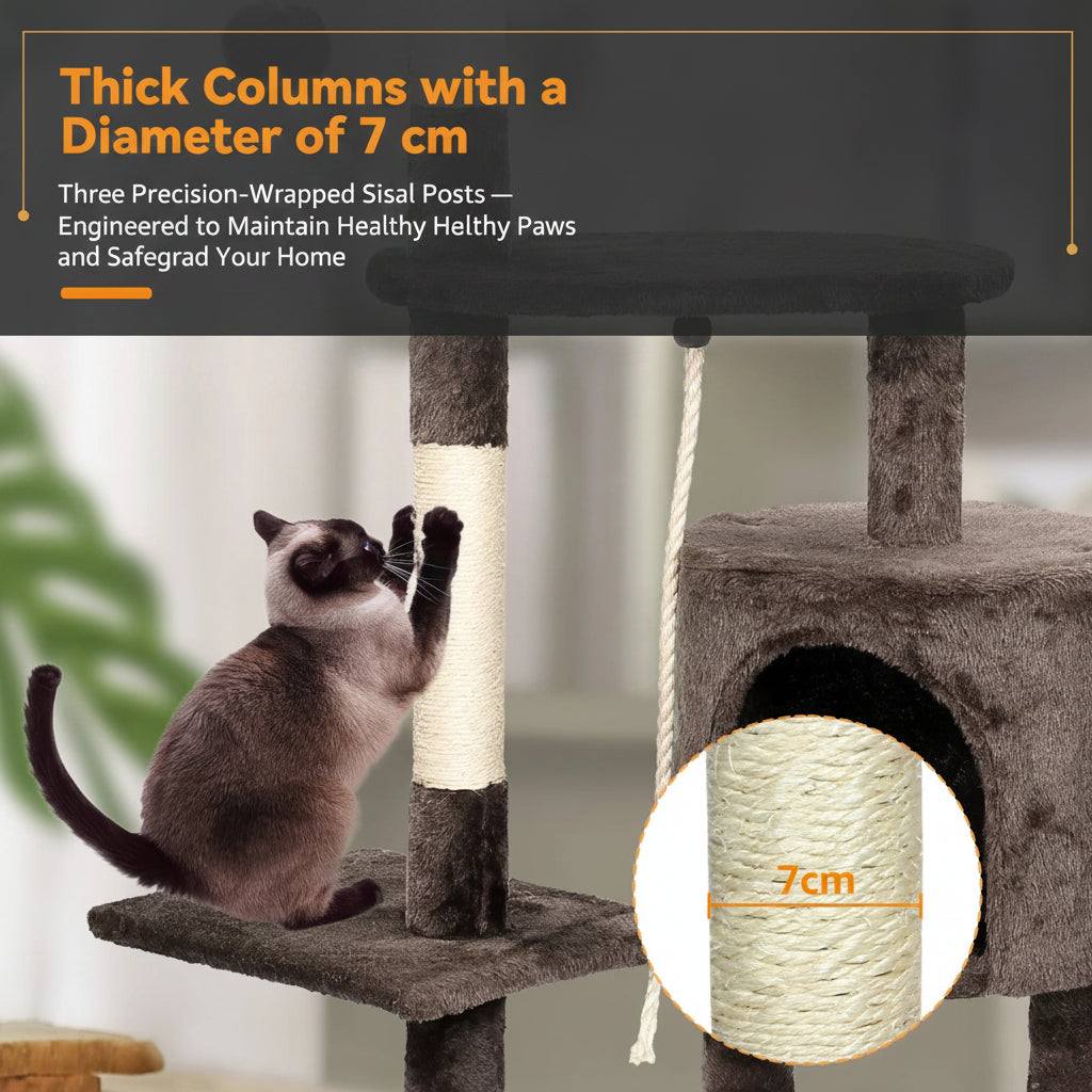 Close-up of a natural sisal scratching post, 7cm diameter, on a cat tree tower