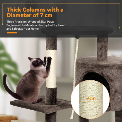 Close-up of a natural sisal scratching post, 7cm diameter, on a cat tree tower