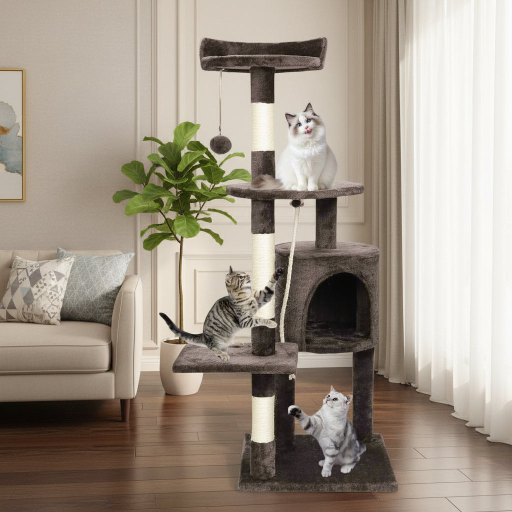 112cm multi-level cat tree tower in dark brown plush with 3 sisal posts, condo, and pompom toy