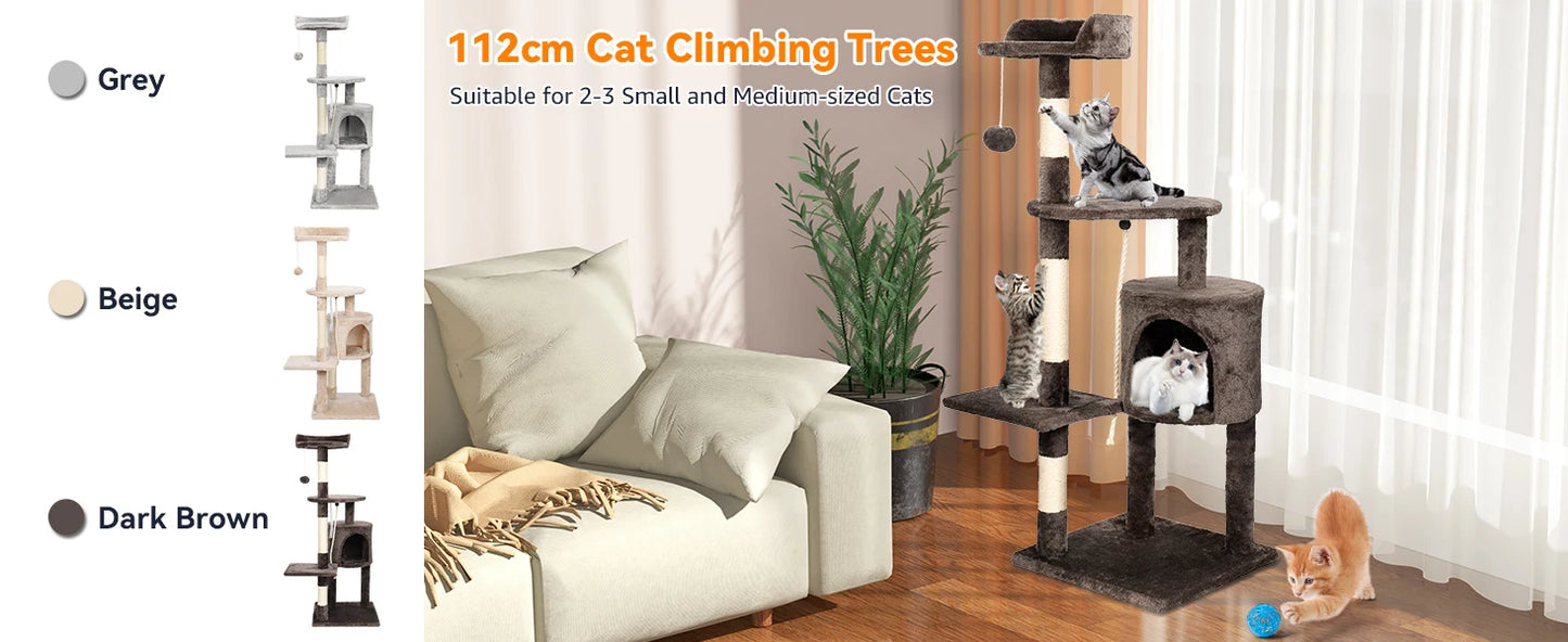 Cat tree tower available in three colours: dark brown, grey, and beige plush